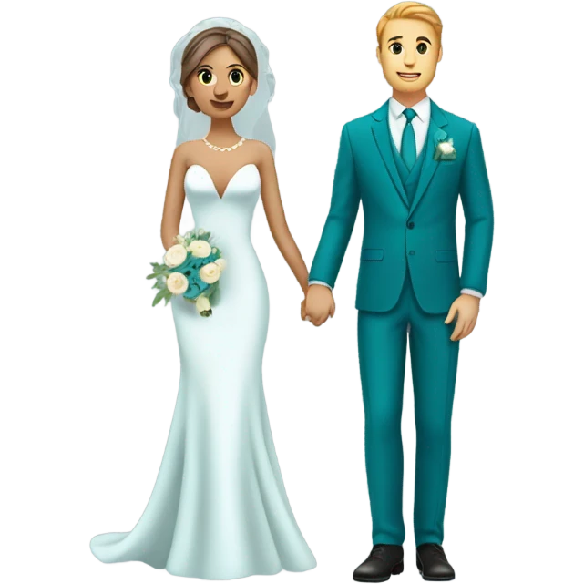 Bride in blue dress and groom in teal suit emoji
