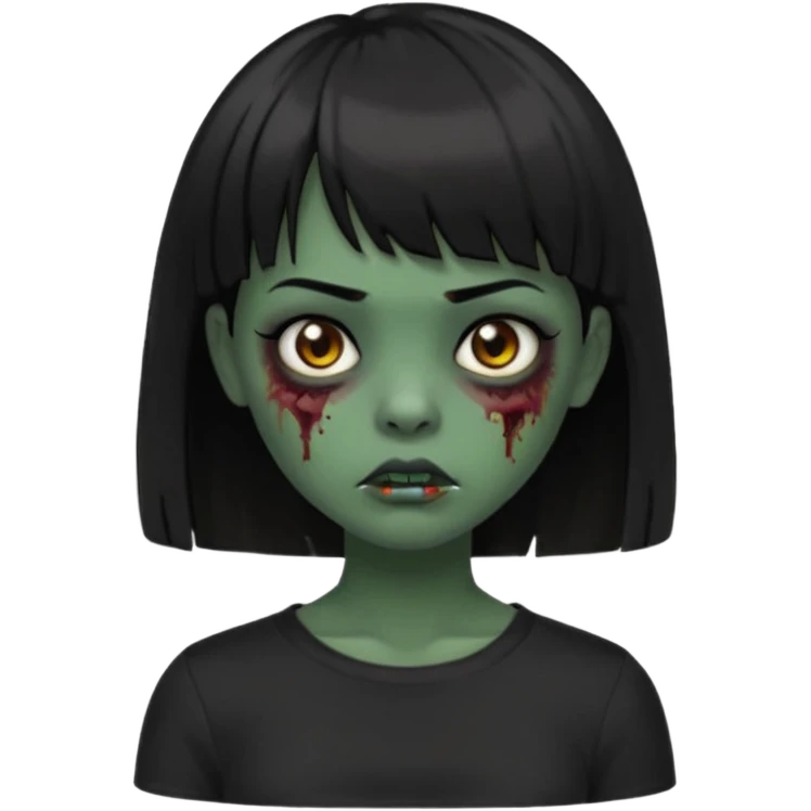 Zombie girl emoji verde escuro com cabelo curto liso preto no ombro e franja na altura da sobrancelha com uma blusa preta emoji