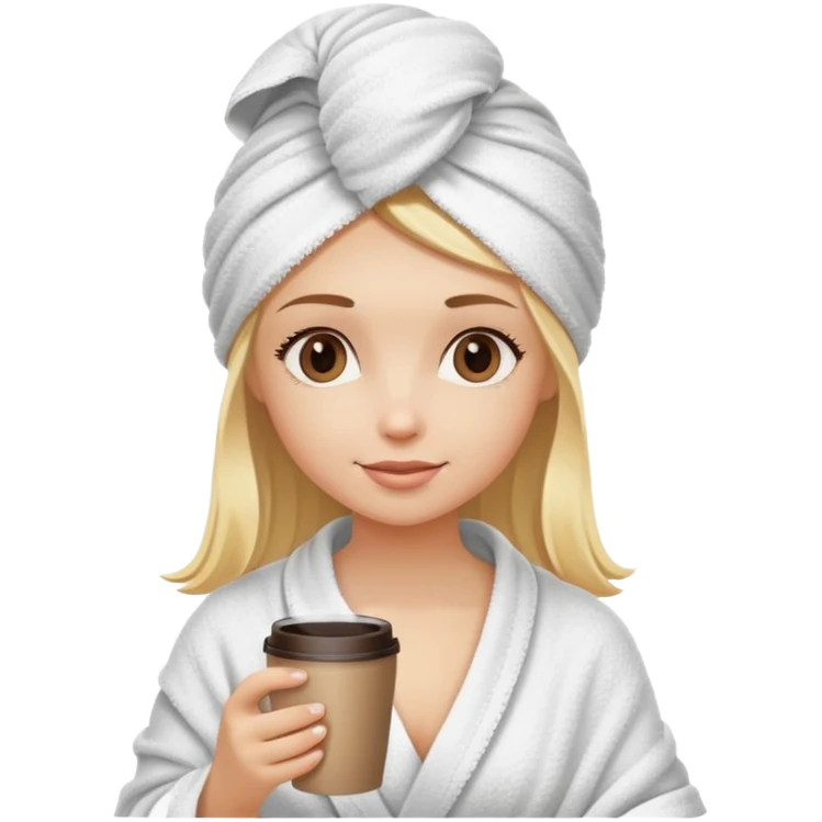 Chica con café en la mano rubia con toalla puesta en la cabeza y el cuerpo emoji