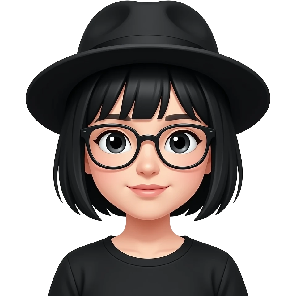 a calm, short black hair girl with black clothes, wearing glasses and hat emoji