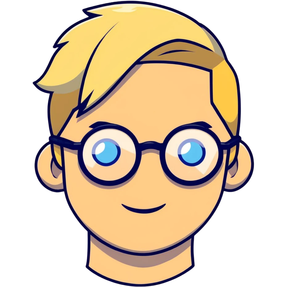 Man with blonde ponytail, round glasses and blue eye emoji