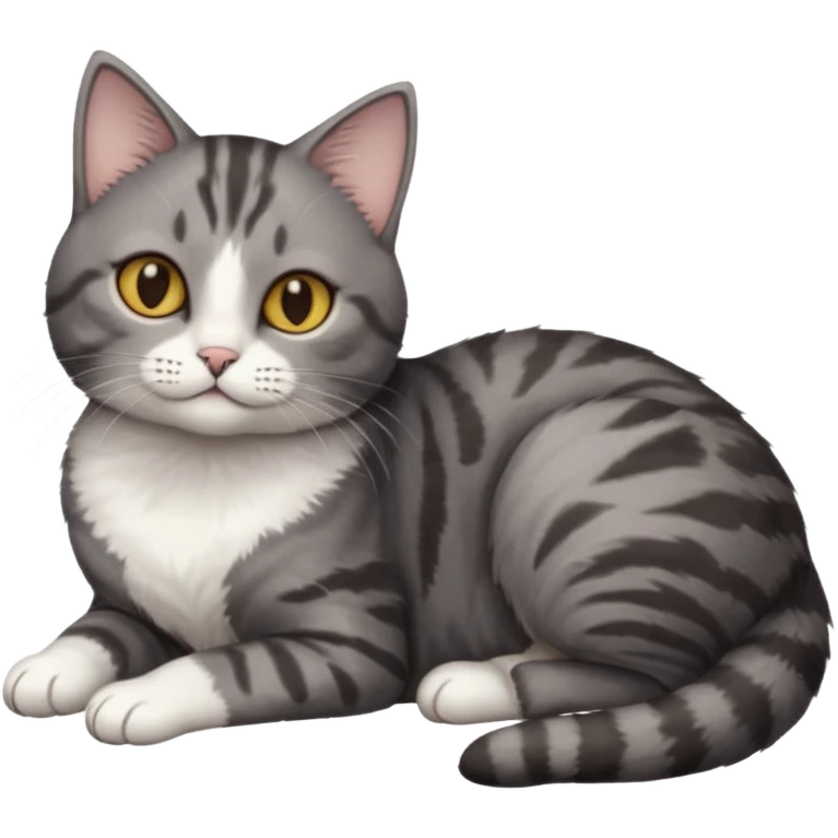 full body tiny short hair dark grey and white cat with hazel eyes lying down emoji