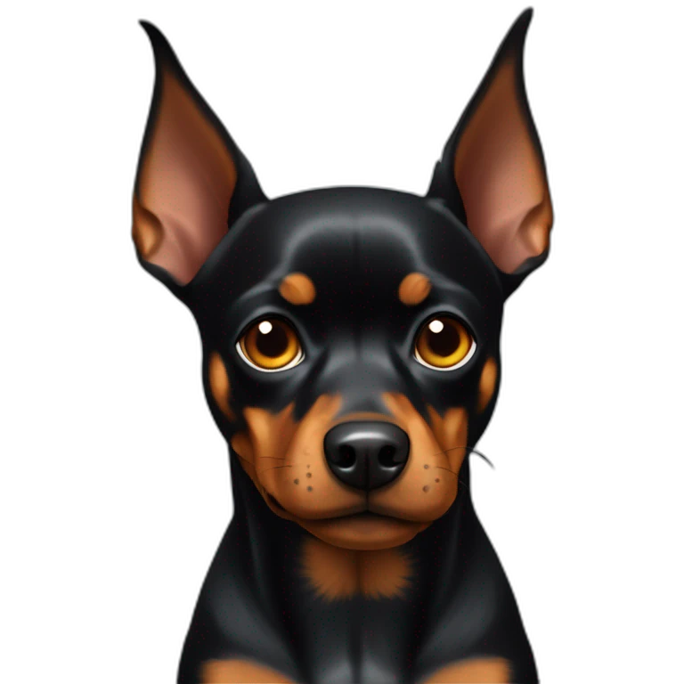 old dark miniature pinscher with ears up, angry emoji