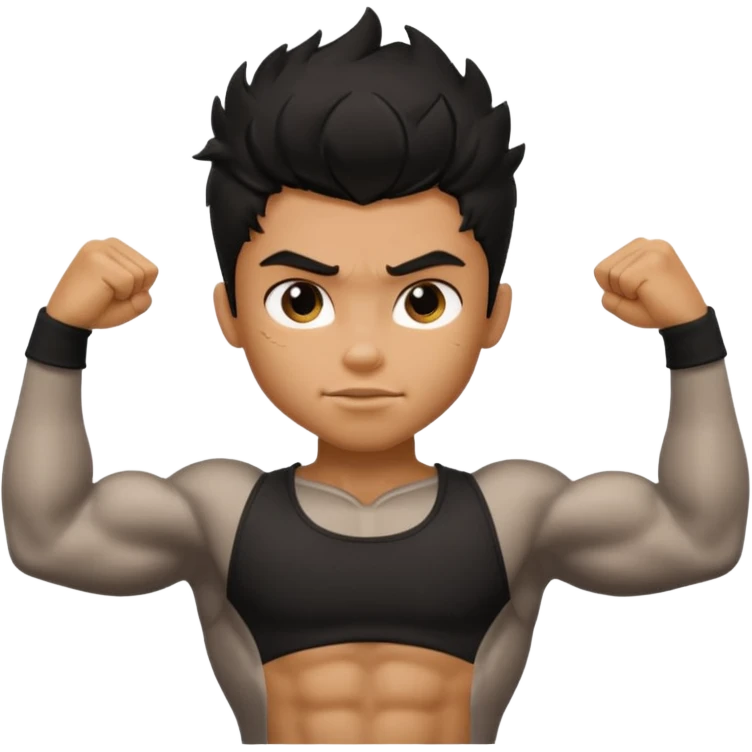 generate a pretty tan bratz boy with black messy hair flexing his biceps emoji