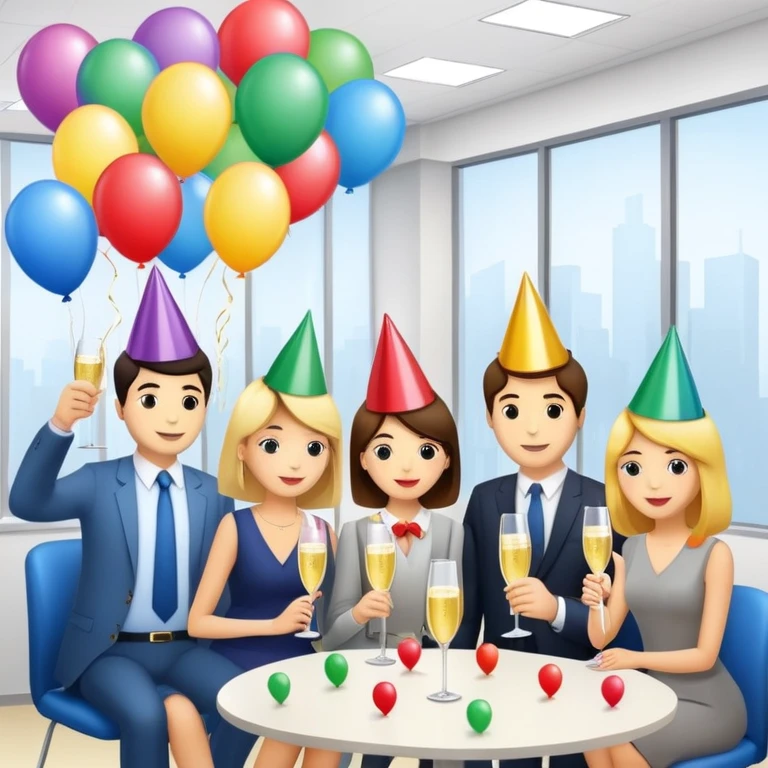 office party with coworkers celebrating, holding drinks and snacks, decorations and balloons in the background emoji