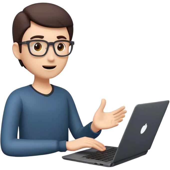 A dark-colored laptop with the screen open. From the screen, a person is emerging, giving a lecture or teaching. The person should look expressive and in a teaching pose. Soft shadows, semi-3D emoji style, clean background. Online course emoji