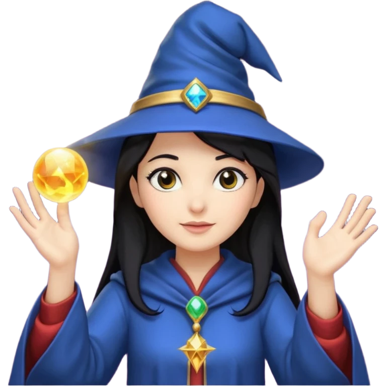 female wizard with black hair under a wizards hat with both hands palm up emoji