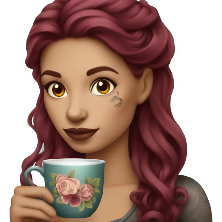 Beautiful tattooed  burgundy long haired woman sipping tea emoji