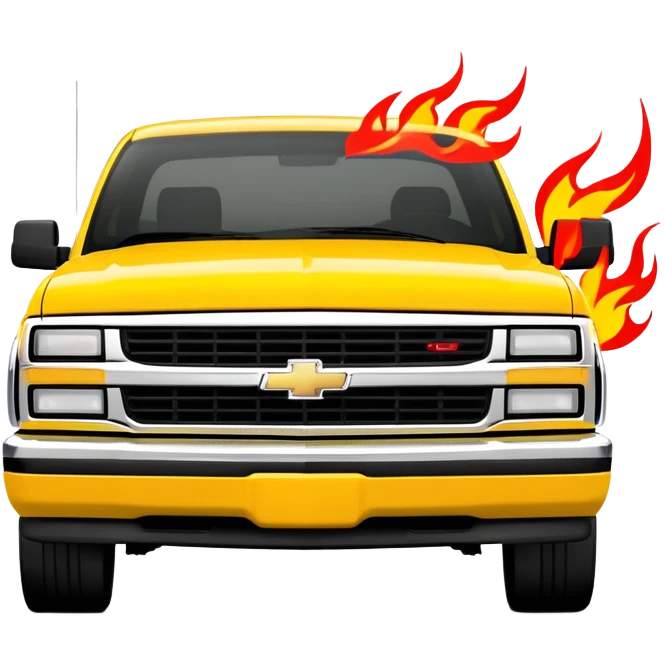 Minimalist yellow 1997 Chevrolet C-2500 Crew Cab Silverado with red flame decals across the hood front, 30-degree view, exact Kill Bill movie design, iOS emoji style emoji
