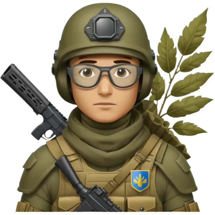 Ukrainian Intelligance agency warrior man in Ferro concept platecarrier with CZ BREN 2 riffle in helmet TOR-D, balaclava, poncho with leafs and ballistic assult glasses emoji