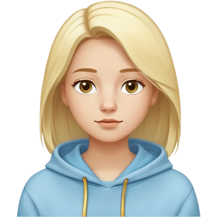 Woman with oval face, light blonde straight hair parted to the side, dreamy expression, wearing a light blue hoodie with gold and white accents emoji