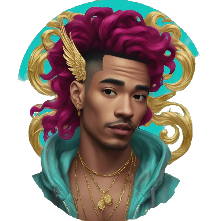 Vintage patina intricate swirls gold jewellery baroque raven wings angel tropical Deep pink maroon burgundy cyan dark hoodie man vitiligo dyed hair gold piercings nose piercing ear piercings emoji