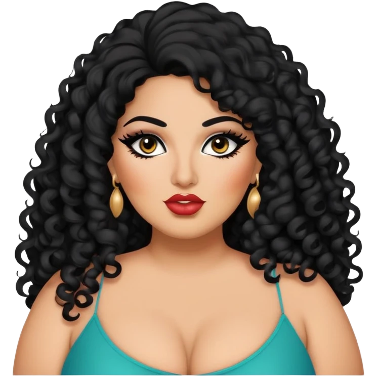 big plus size, arab, long black curly hair, baddie,pretty, makeup, lipgloss, black eyeliner, emoji