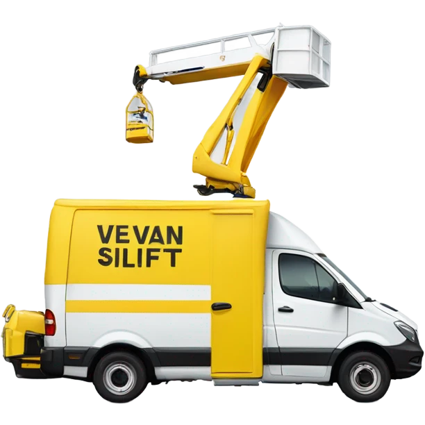 White van displaying the text 'Versalift' on the side. The van has a yellow aerial boom lift on top with a white bucket on the end, sat at the back of the van. emoji