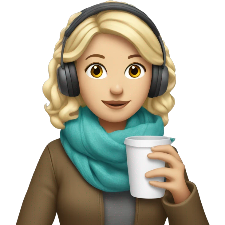 Blonde girl wearing a scarf, hand holding a cup and wearing headphones  emoji