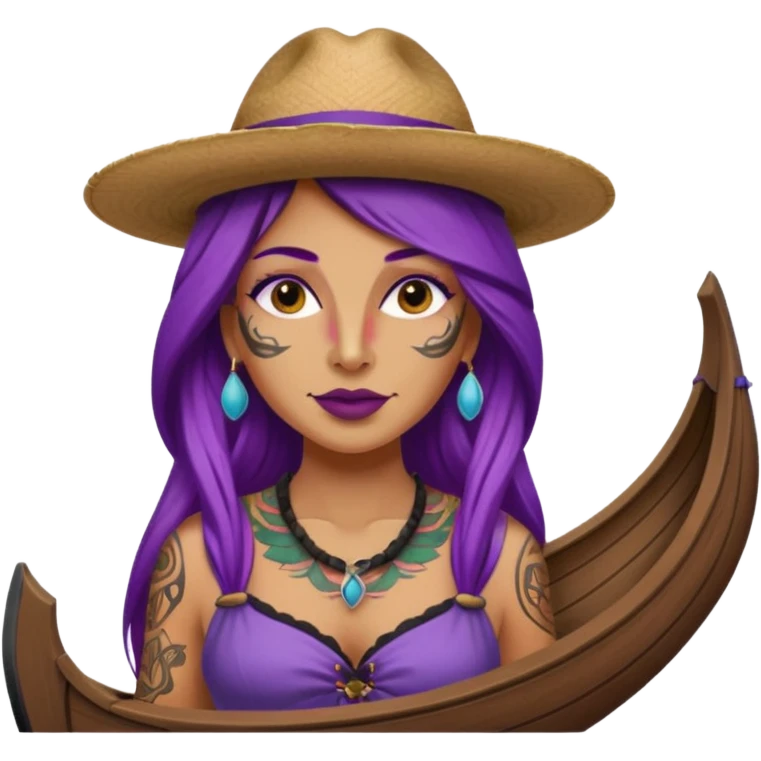 tattoed face venice gondolier with iconic hat woman purple long hair emoji