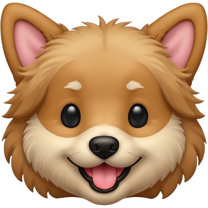 Dog face only, light brown fluffy dog, darker ears, small black nose, happy smiling with tongue out, simple emoji icon. emoji