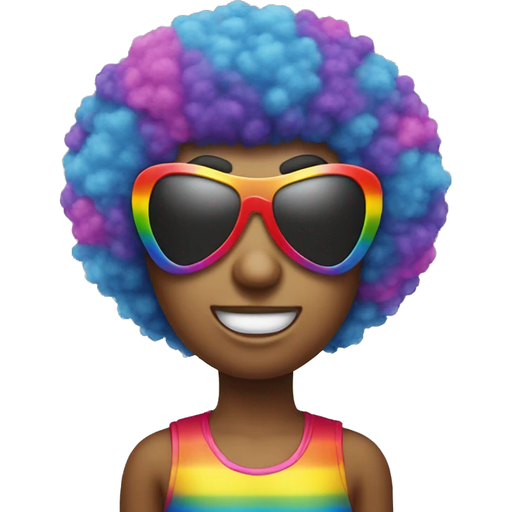 A nervous emoji with heart shaped sunglasses and a rainbow Afro wig emoji