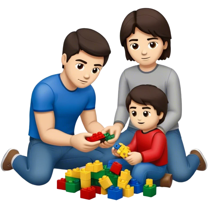 Handsome young man with dark hair built a little heavy like a football player sits with his young fiancé was cascading dark brown hair, putting together Legos emoji