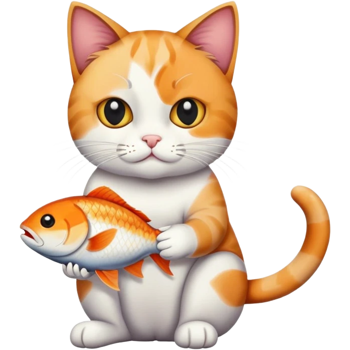 cat full body sitting with black eyes eating a fish emoji