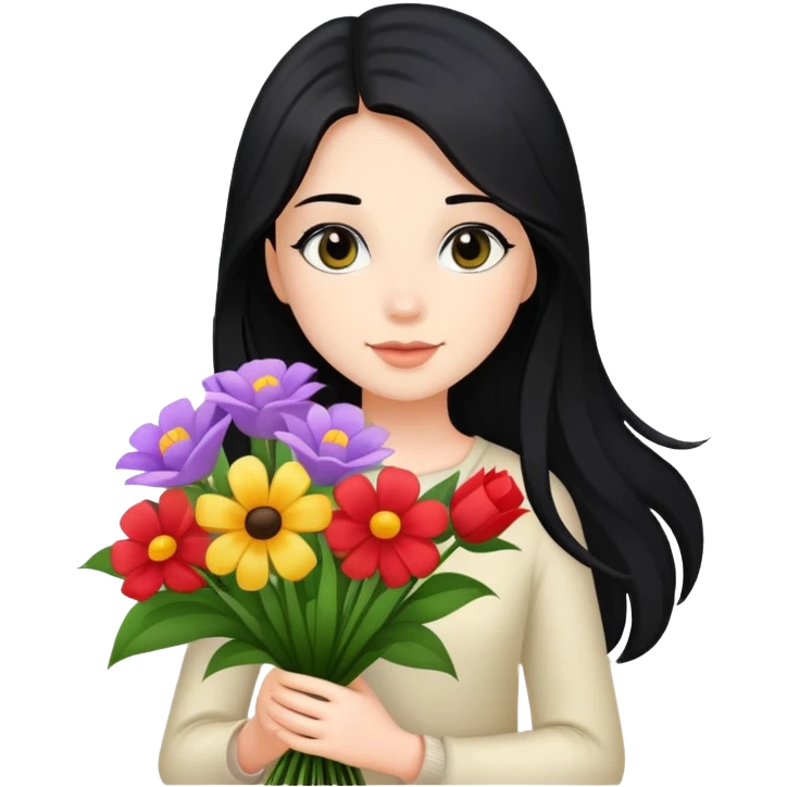 Beautiful girl with long black hair holding a bouquet of flowers emoji