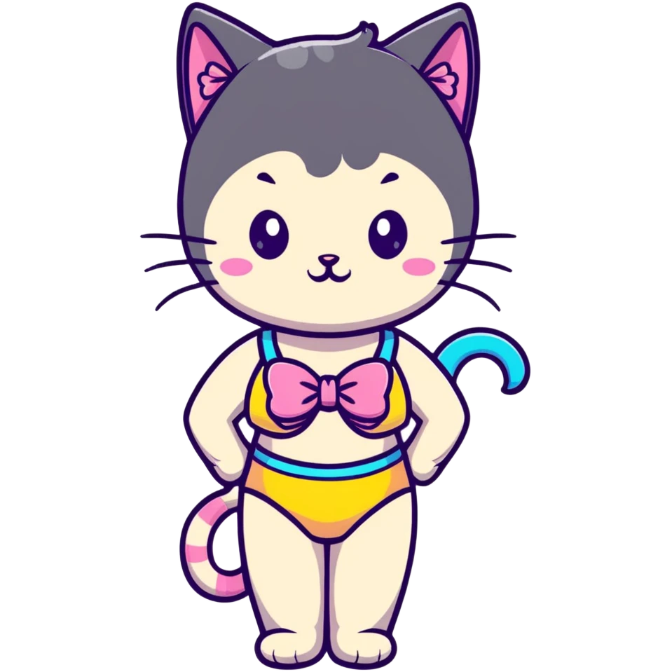 Cute short cat girl with bow, big head and small body in a colorful swimsuit, kawaii style emoji
