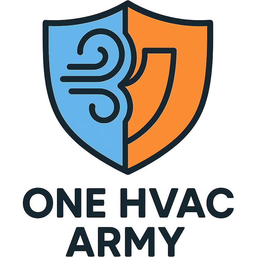 abstract HVAC swirl forming a shield logo for One HVAC Army, clean lines, blue and orange colors emoji