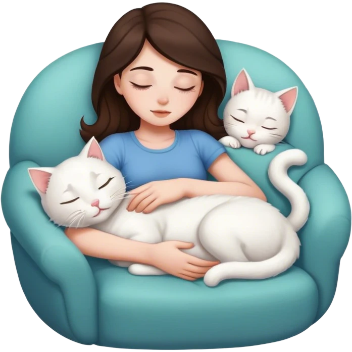 White kitty sleeping on brunette white girl's lap emoji