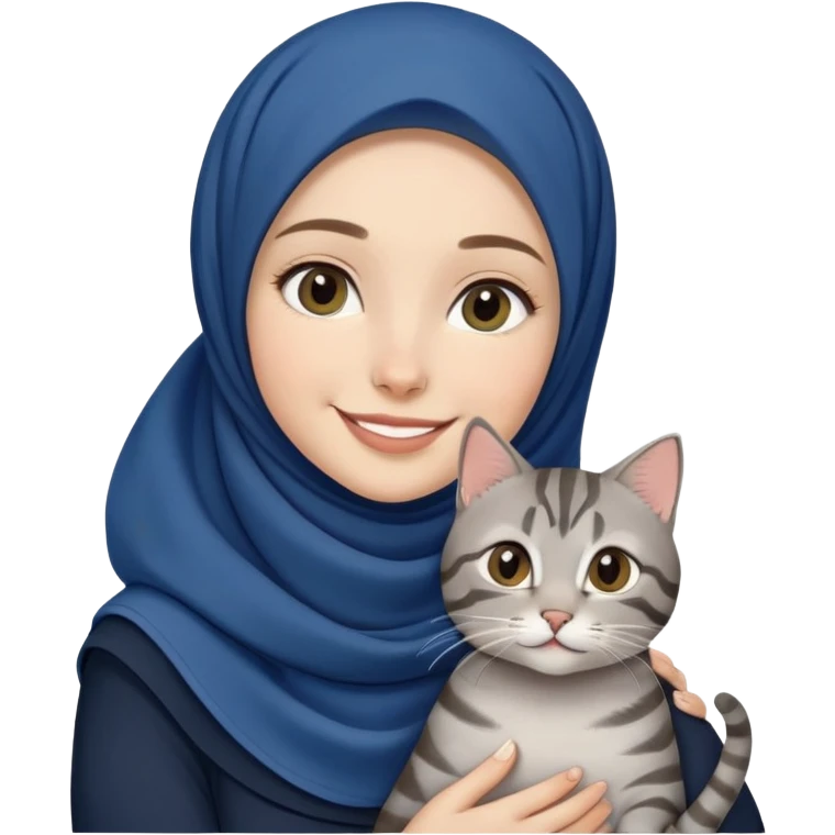 White girl wearing dark blue hijab with white shirt smiling while holding a black grey tabby cat emoji