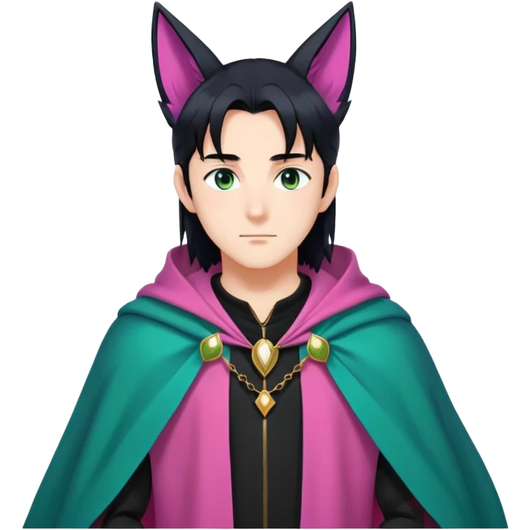 anime man with long-straight-dark-black hair, long black fox ears with pink Scapha, hazel-gradient-brown-turquoise eyes, gold earring, dark-blue-sweater, green cape,  emoji