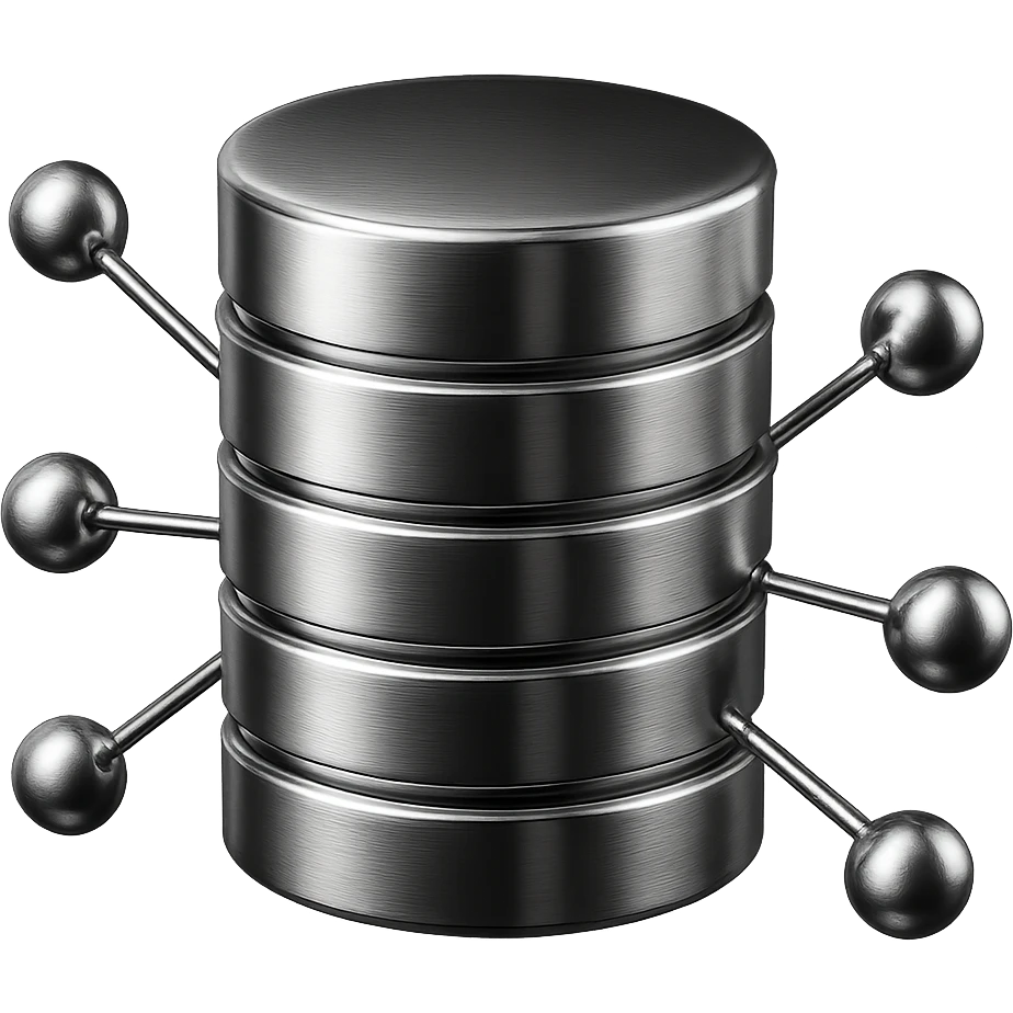 chrome database cylinder connected to multiple network nodes, futuristic and efficient, modern look emoji
