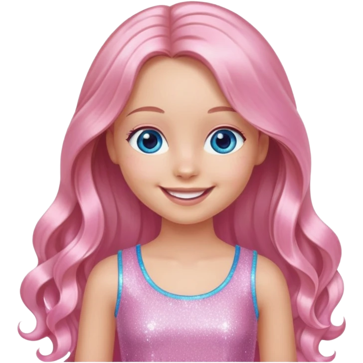 A digital portrait of a girl with long flowing hair, wearing a sparkly pink top, exuding a joyful smile with blue eyes and a gentle, doll-like look emoji