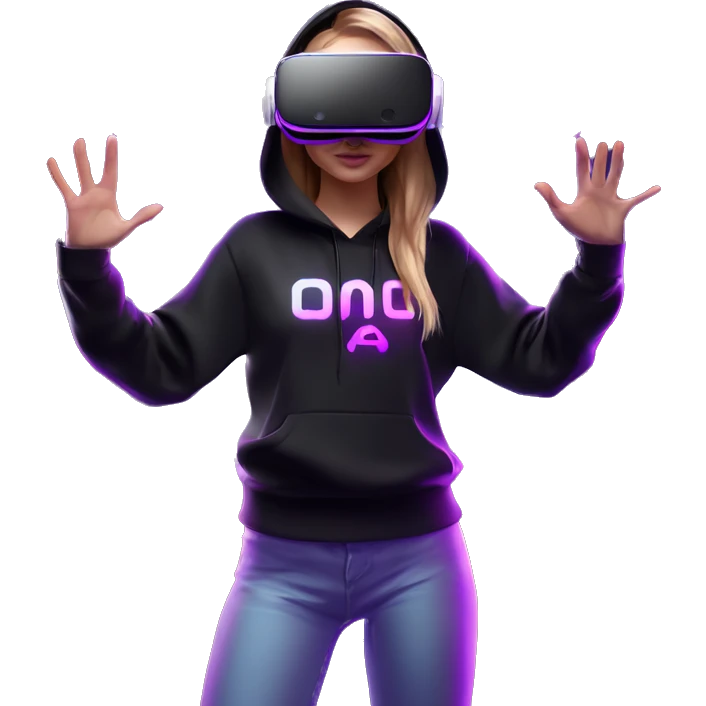 Russian girl wearing black hoody with violet letters "OMG", in vr headset oculus quest2. Standing like jedi. Cyberpunk style. Violet neon. emoji