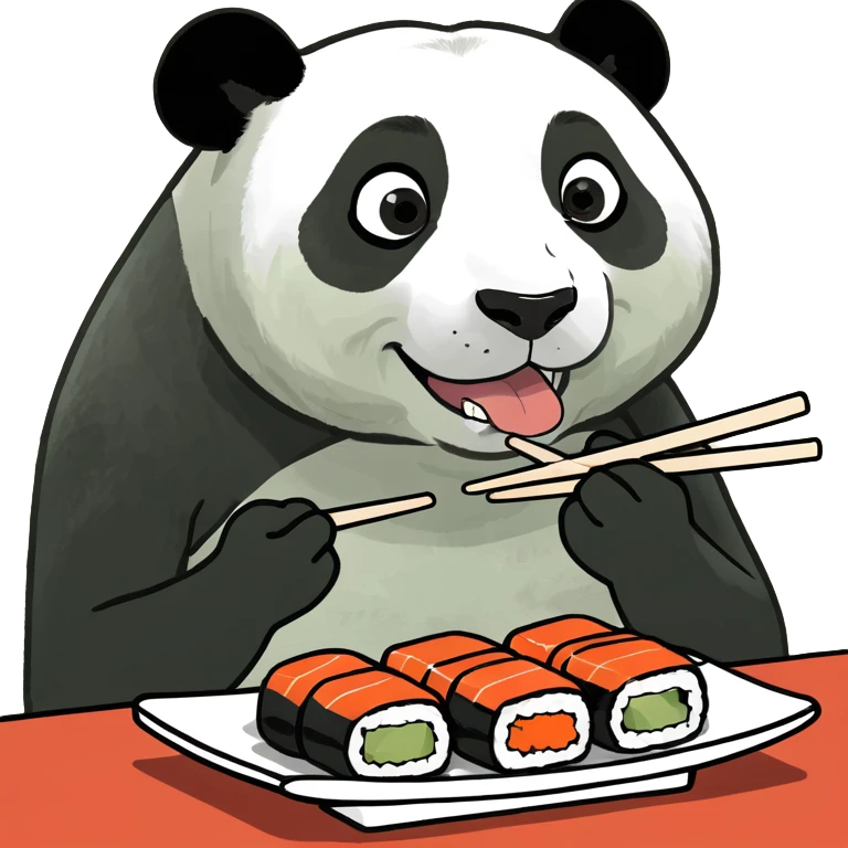 Panda with black bangs eating sushi emoji