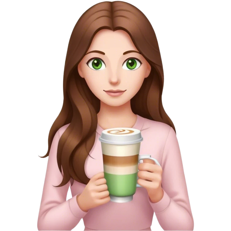 pretty woman with very long brown hair and green eyes and light pink outfit with a latte emoji