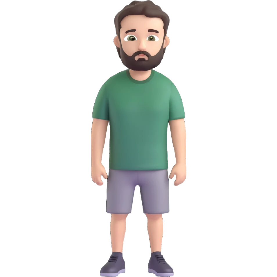 white man with dark messy short hair, dark green eyes, gray t-shirt, and short beard emoji