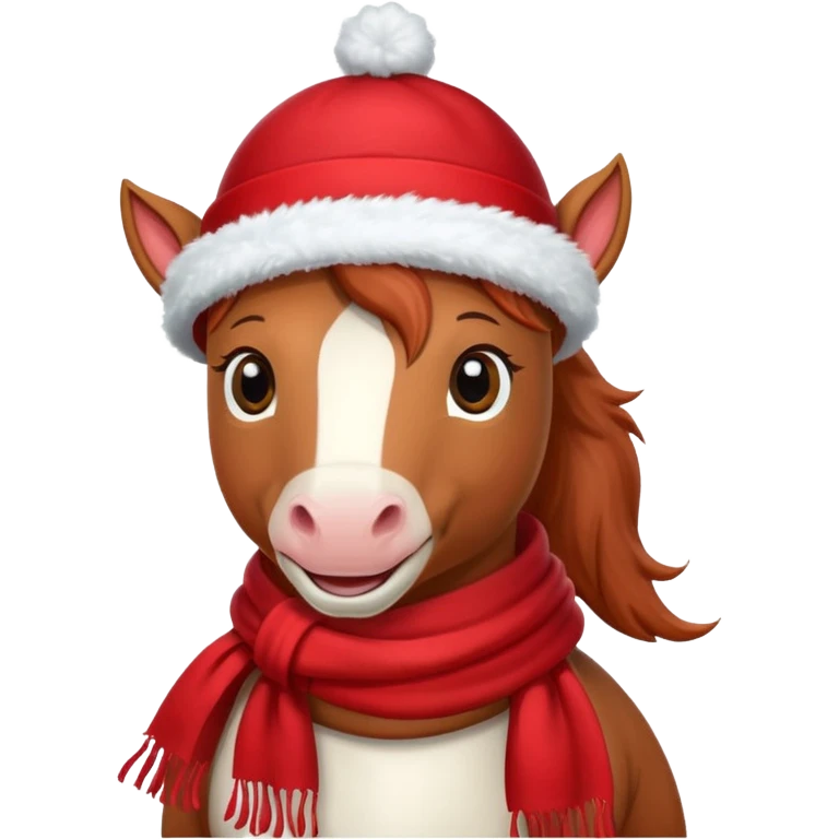 a fairy-tale funny winter horse in a red hat with a white scarf emoji