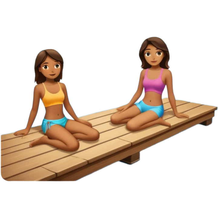 Girls tanning on a dock on a lake with water emoji