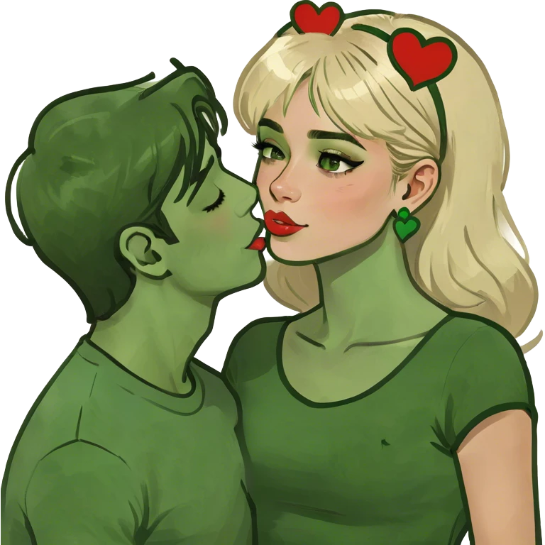 una chica rubia de ojos verdes dándole un beso a un chico moreno de ojos marrones verdosos con este corazón en el medio💘 emoji