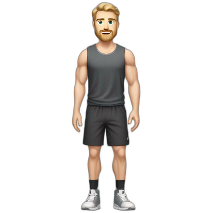 Full height Pale skinned fit man With biceps, Realistic eyes and mouth, light brown hair and stubble In dark gray sleeveless mike, black oversize sports shorts, watch and white sneakers. emoji