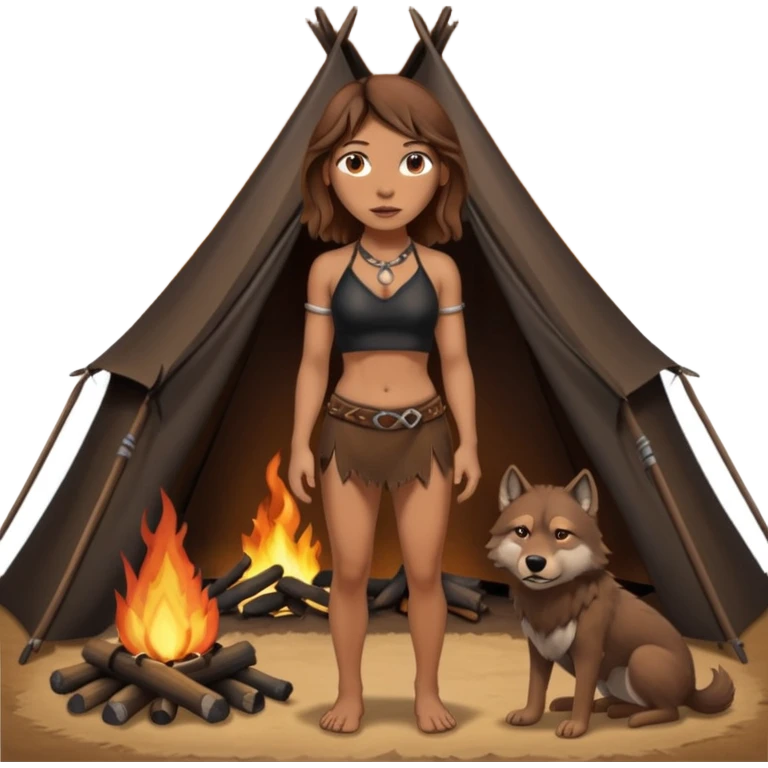 a NEANDERTHAL WOMAN WITH BROWN HAIR STANDING BY A FIRE AND TENT WITH BLACK WOLF HALTER TOP AND COMPUTER' emoji
