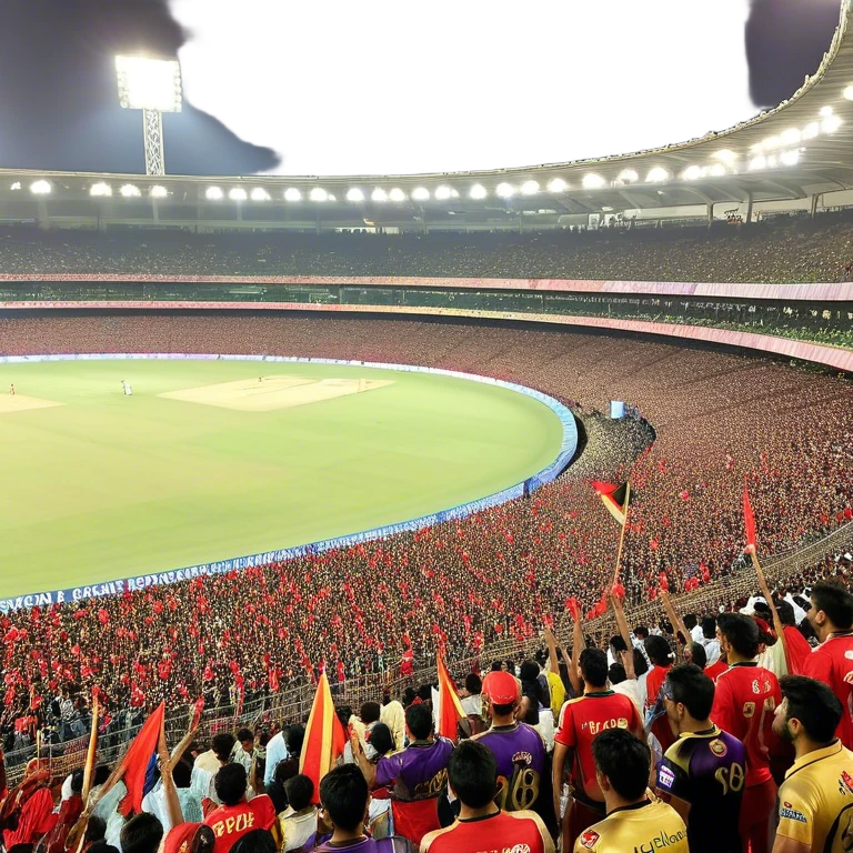 "Create a vibrant and dynamic scene of an IPL cricket match between Royal Challengers Bangalore (RCB) and Kolkata Knight Riders (KKR). The stadium is packed with a massive crowd, cheering, waving flags, and enjoying the thrilling game. The players are in action, with one team batting and the other fielding. Bright stadium lights illuminate the field, and the atmosphere is electric with excitement. Fans are wearing team jerseys, holding banners, and celebrating every boundary and wicket. Capture the energy, enthusiasm, and passion of cricket lovers in this high-stakes match."

 emoji