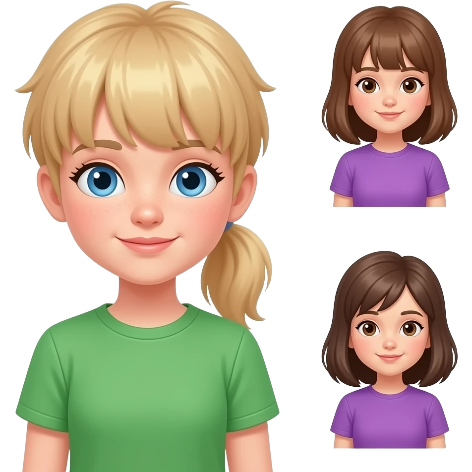 girl blonde hair and blue eyes, girl with light brown hair in ponytail with bangs and blue eyes, boy with light brown shorthair and blue eyes and green tshirt, girl dark brown shoulder length hair and brown eyes and a purple tshirt emoji