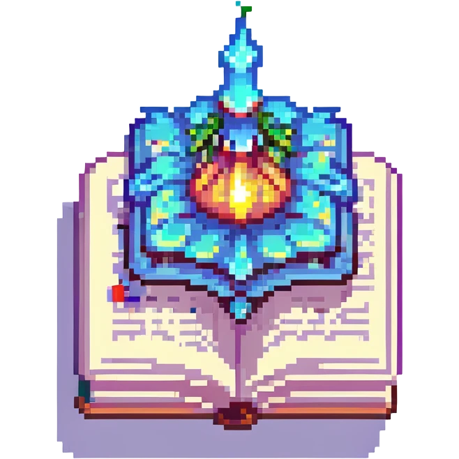 Add a magical glowing aura around the pixel art open enchantment book, keep background transparent. emoji
