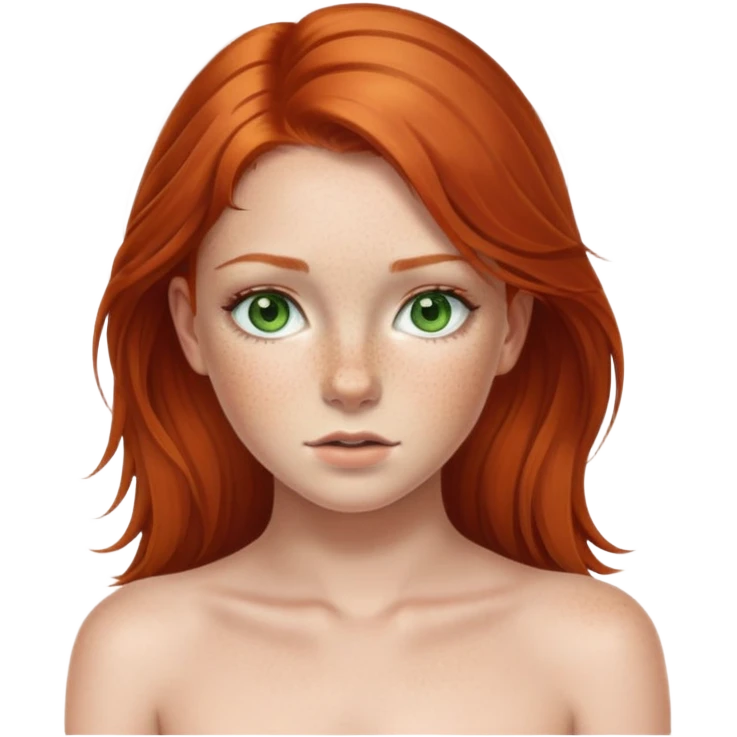 Photorealistic redhead green eyed girl, freckles, 16 years old, naked emoji
