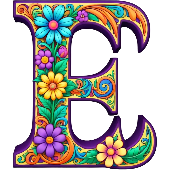 3D, gothic style psychedelic colored Letter L with hippie style flower border emoji