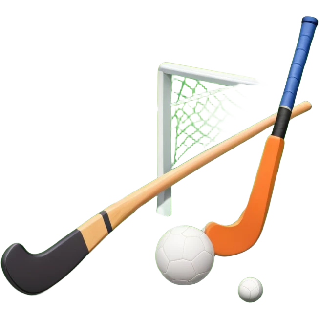 A field hockey stick and ball on a vibrant green grass field, with goalposts and clear field markings in the background. The scene emphasizes the bright, lush grass, highlighting the fast-paced and strategic nature of hockey on a well-maintained pitch. emoji