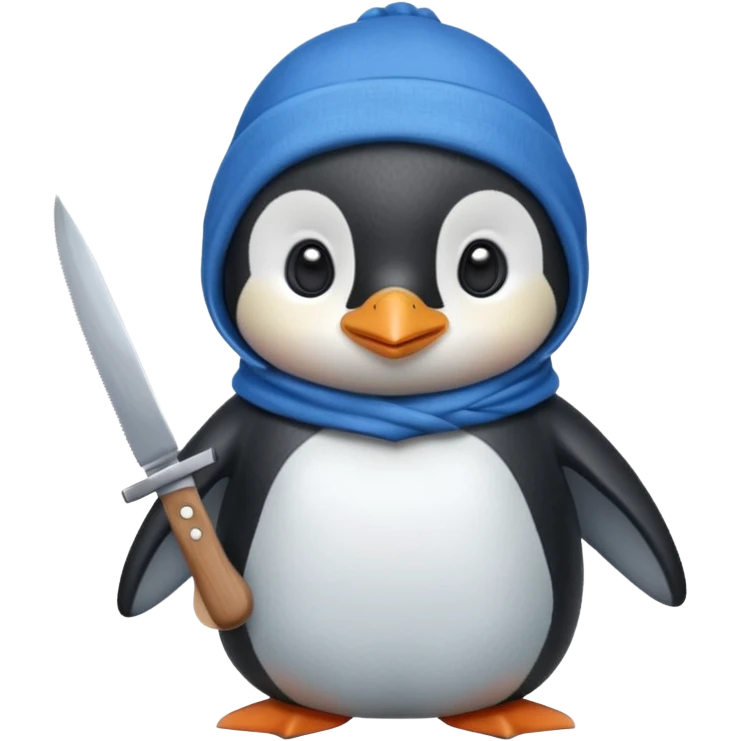 Cute and little penguin wearing a blue cloth in his head and holding a  knife  emoji