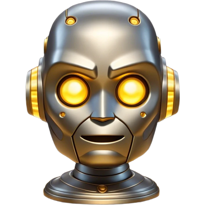 Cinematic Cute Mighty Iron Golem Portrait Emoji Head tilted playfully and inquisitively, featuring a sleek yet sturdy metal form with smooth, polished steel plating and glowing golden engravings, accented by faintly humming energy veins that pulse with life; rendered with lifelike clarity and soft, natural reflections, high shine, charming yet robust, styled with a touch of whimsical fantasy, soft glowing outline, capturing the essence of a watchful yet endearing golem, as if it might shift its massive head with a slow, thoughtful nod at any moment! emoji