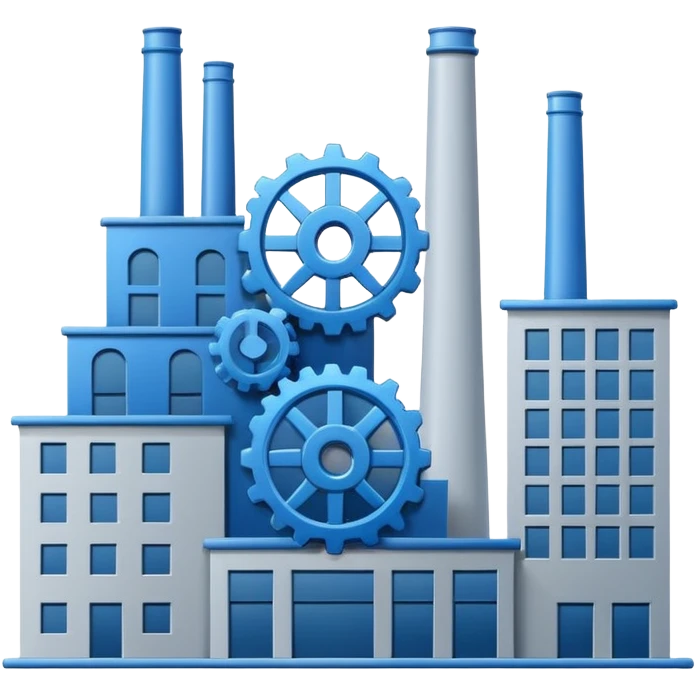 "A minimalist vector icon of a modern manufacturing factory building with a gear symbol above it. Blue and grey color scheme, flat design, white background, simple thick lines, professional business logo style." emoji